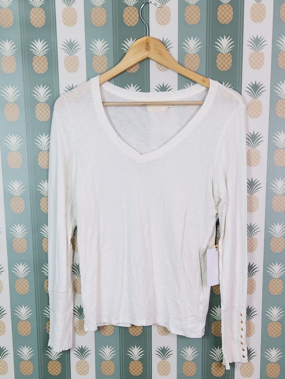Nation LTD White V-Neck Long Sleeve Tee